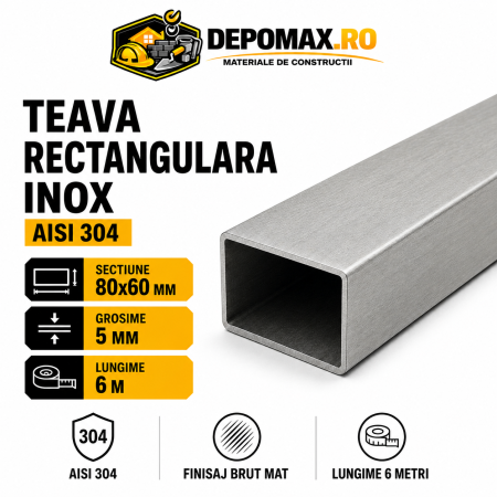 Teava rectangulara inox AISI 304, 80 x 60 x 5 mm, 6 metri